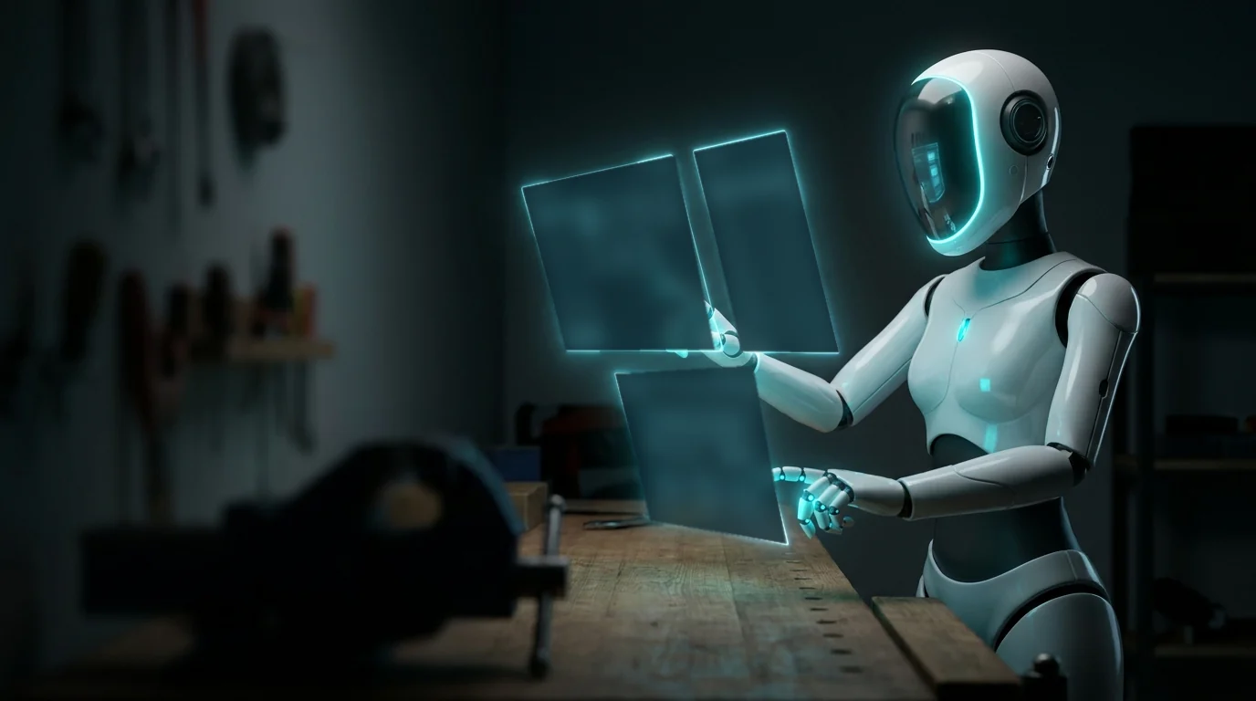 Nuestra inteligencia artificial de desarrollo trabajando frente a pantallas holográficas.